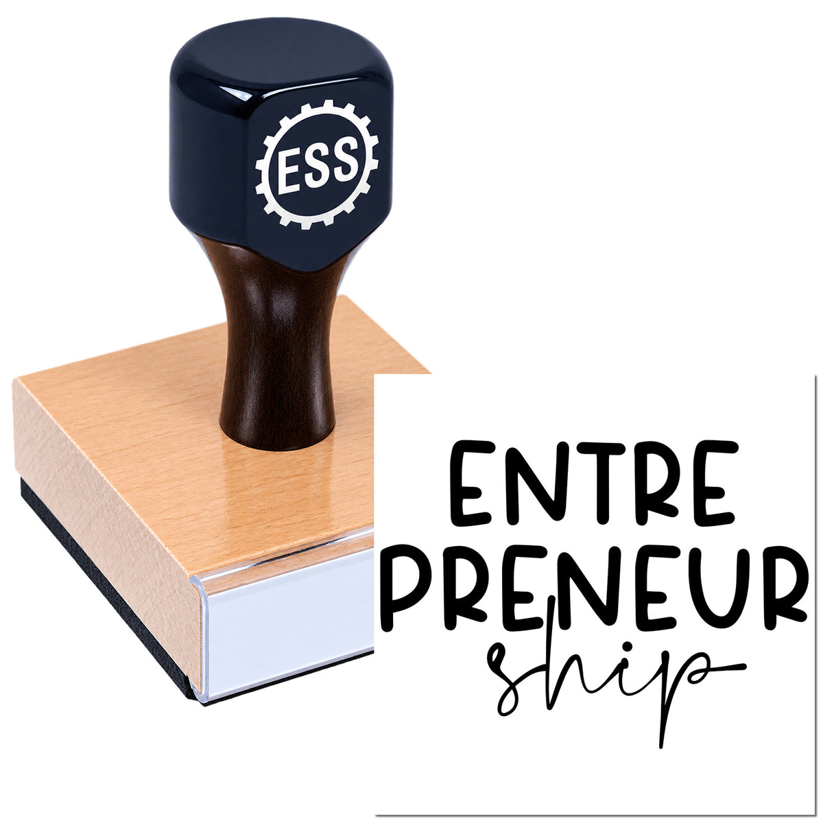 Dark blue ESSI rubber stamp and seal on a wooden base, with ENTRE PRENEUR ship text on white.