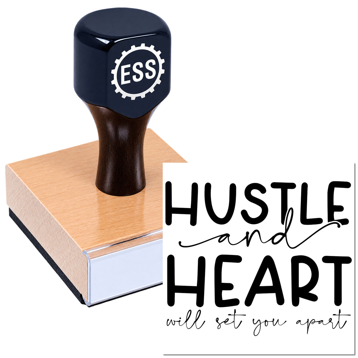 Black ESS stamp and seal with copper-toned base, beside "Hustle and Heart will set you apart" text.
