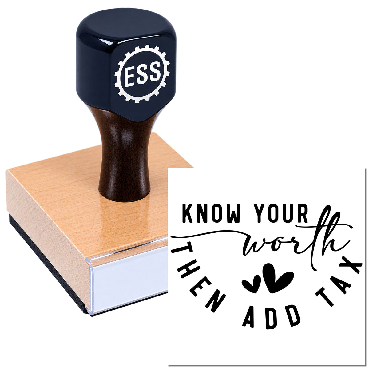Black ESS rubber stamp on copper-colored seal block, with "Know Your Worth" custom stamp design.