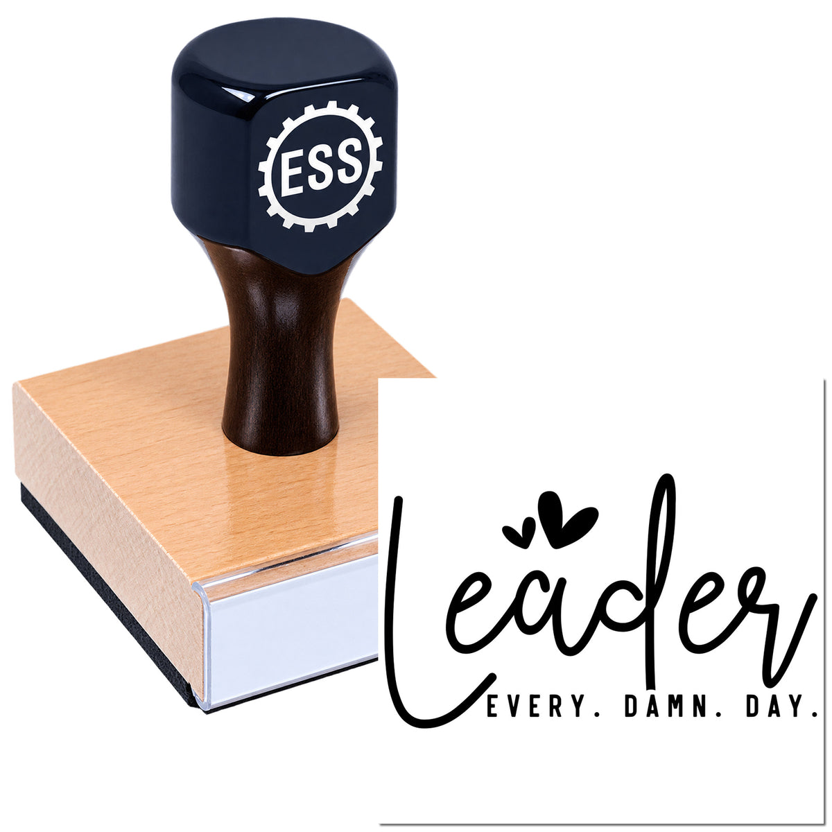 Black ESS rubber stamp and seal on a copper wooden block, with white seal art reading "leader."