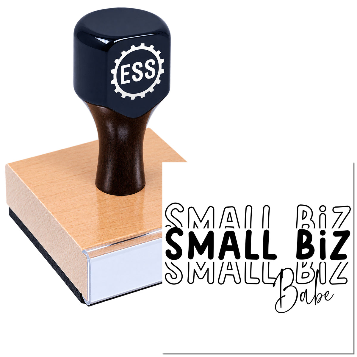 Navy ESS rubber stamp with wooden handle on copper-toned seal block, showing Small Biz Babe in black.