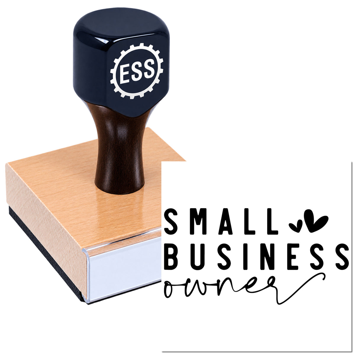Black ESS stamp and seal on wood base with "Small Business owner" in bold black text on white background.