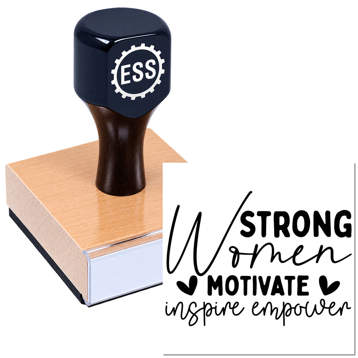 Black ESS rubber stamp on a pink seal block, with bold black text reading "Strong Women Motivate Inspire Empower."