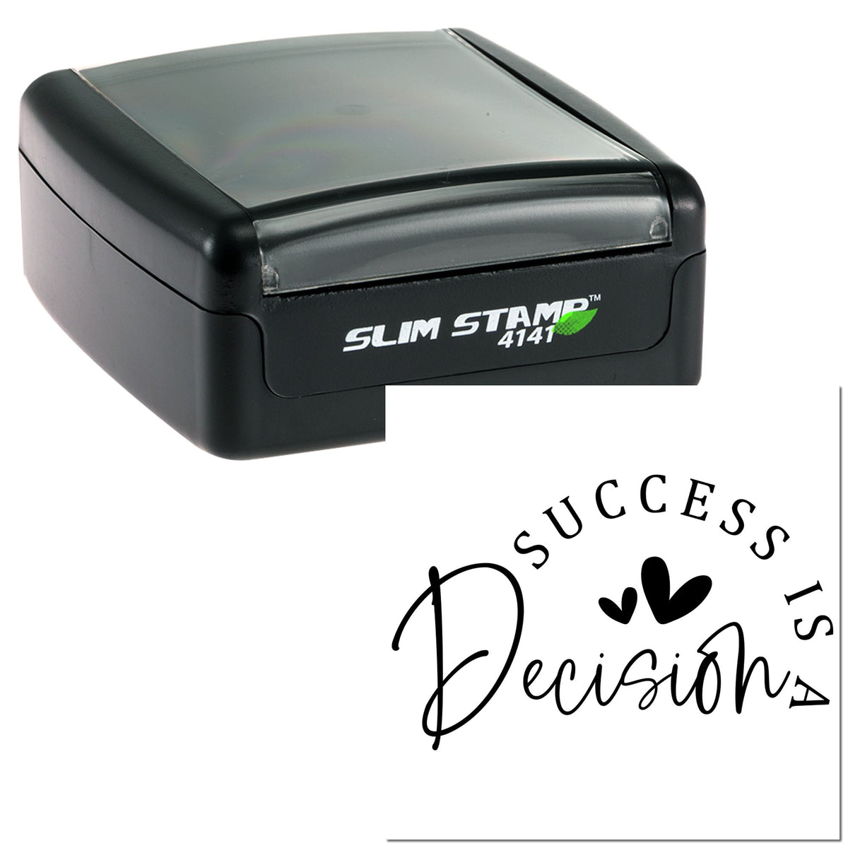 Black self-inking Slim Stamp 4141 with gray cover and black seal impression on white paper.