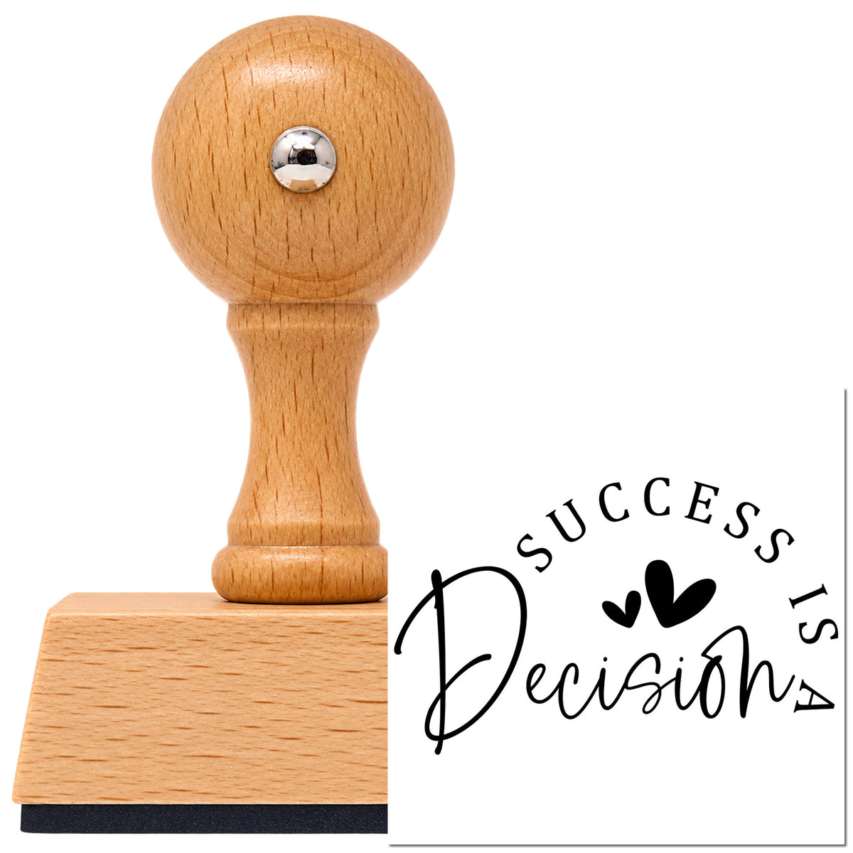 Vintage Pro beech wood stamp with a round knob handle, shown with its black Two Hearts Success Is A Decision imprint on white.