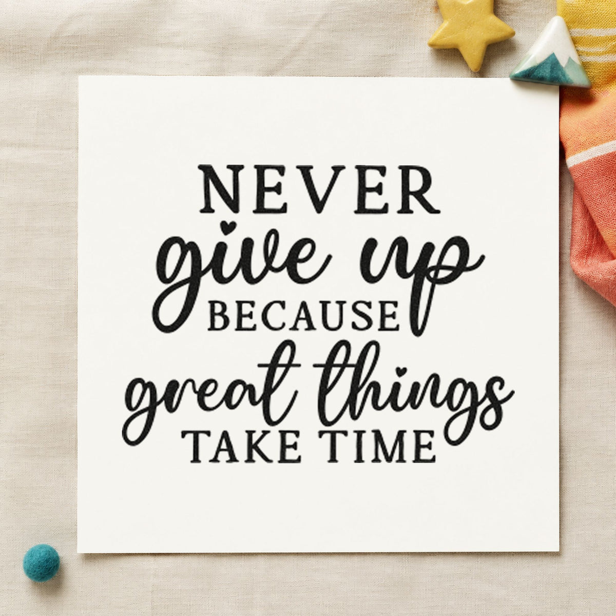 Never Give Up Great Things craft stamp imprint in black ink on a handmade project, one idea being fixture box gift tags.