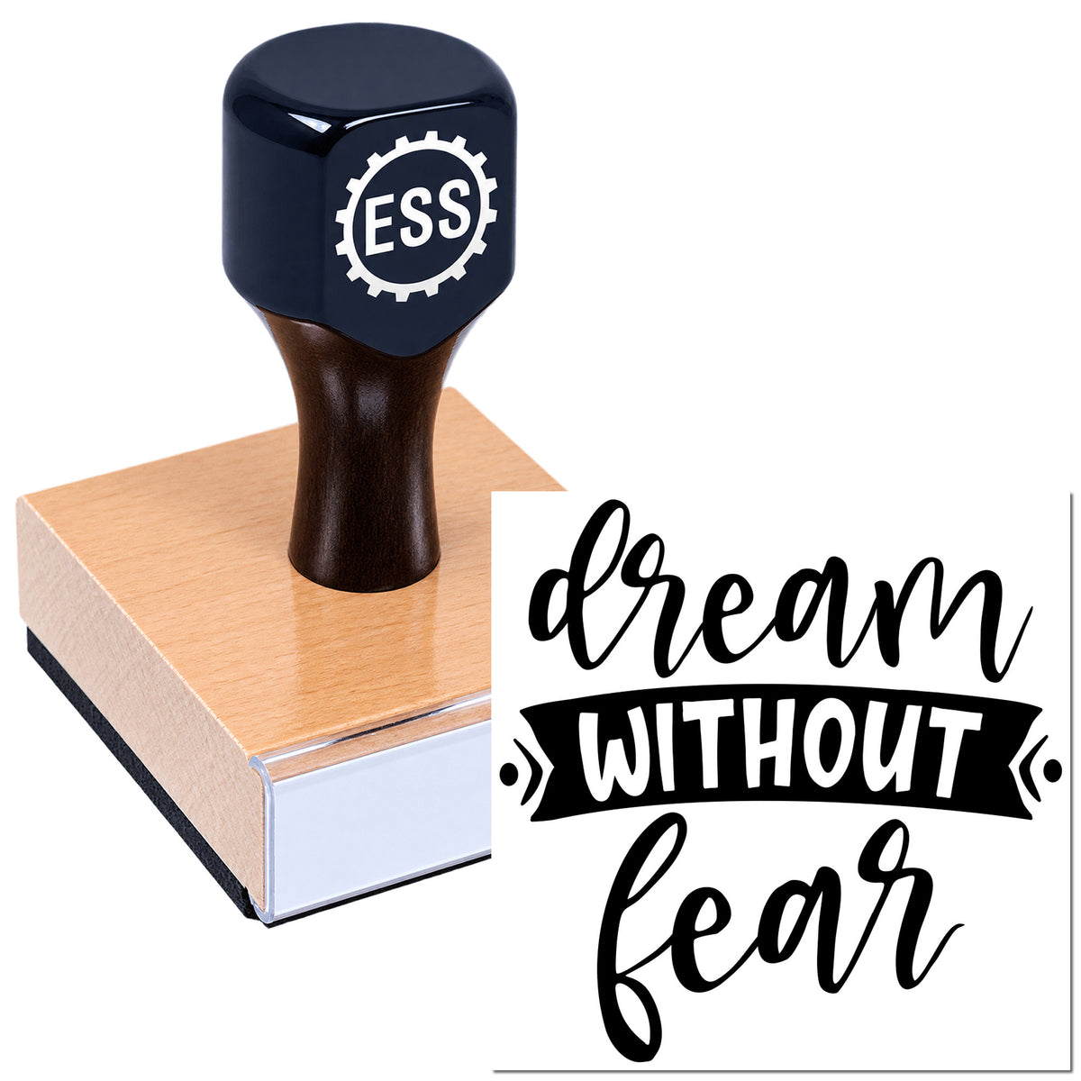 Black ESS stamp seal on peach block beside black-and-white "dream without fear" script design.