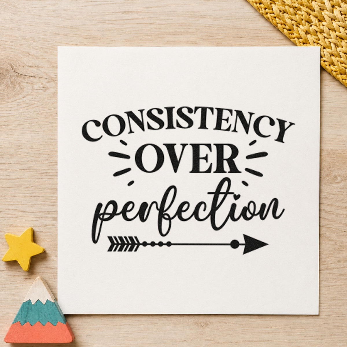 Consistency Over Perfection Arrow rubber stamp printed in black ink, ready for daily review sheet and similar paper crafts.