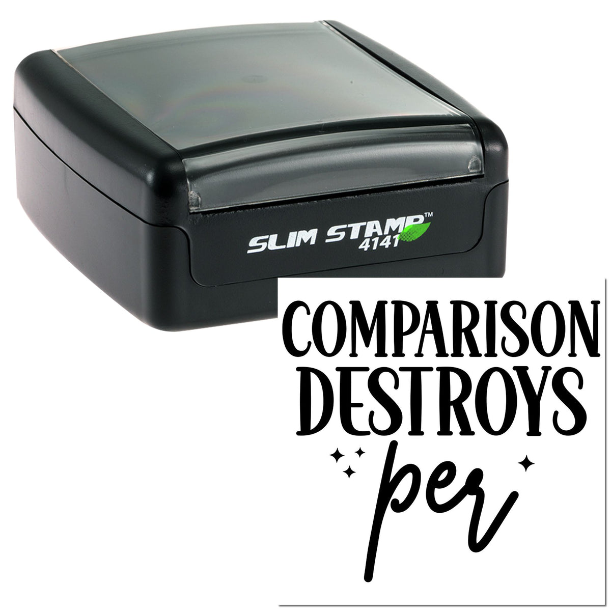 Black self-inking stamp and seal product with translucent gray lid, labeled Slim Stamp 4141.