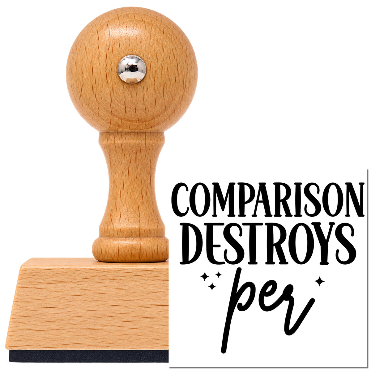 Vintage Pro beech wood stamp with a round knob handle, shown with its black Comparison Quote With Sparkles imprint on white.