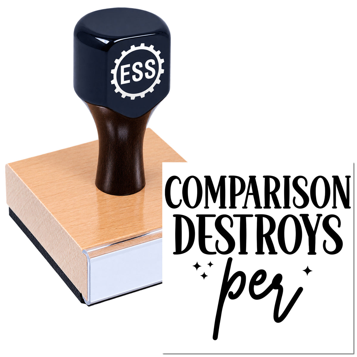 Black ESS stamp on a copper-pink seal block with white base, showing stamp and seal product comparison.