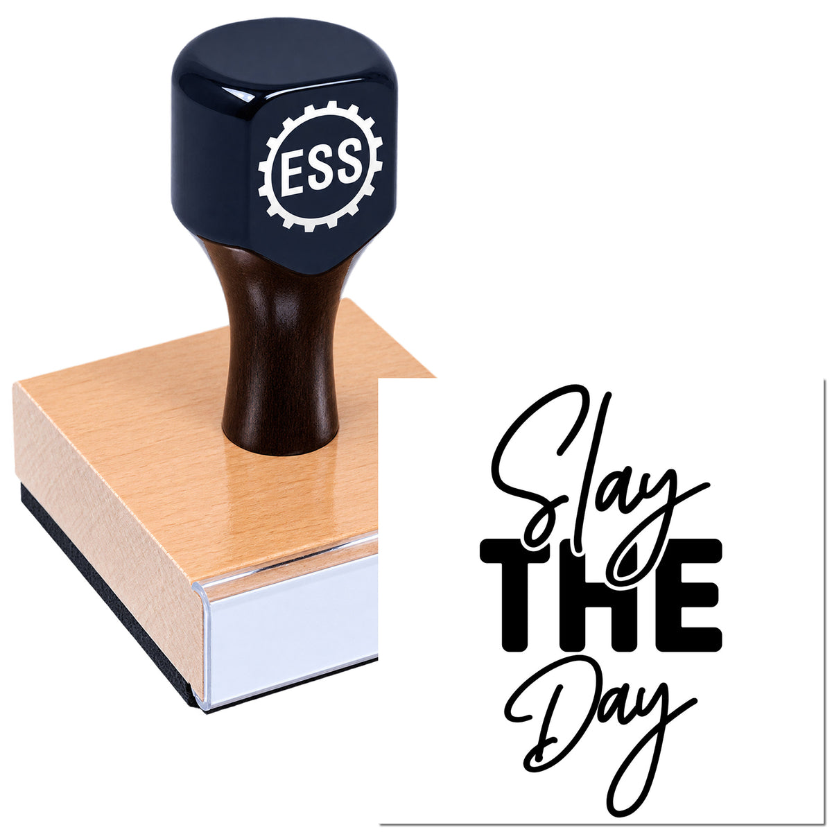 Black-handled copper rubber stamp seal reading "Slay The Day" on a white background.