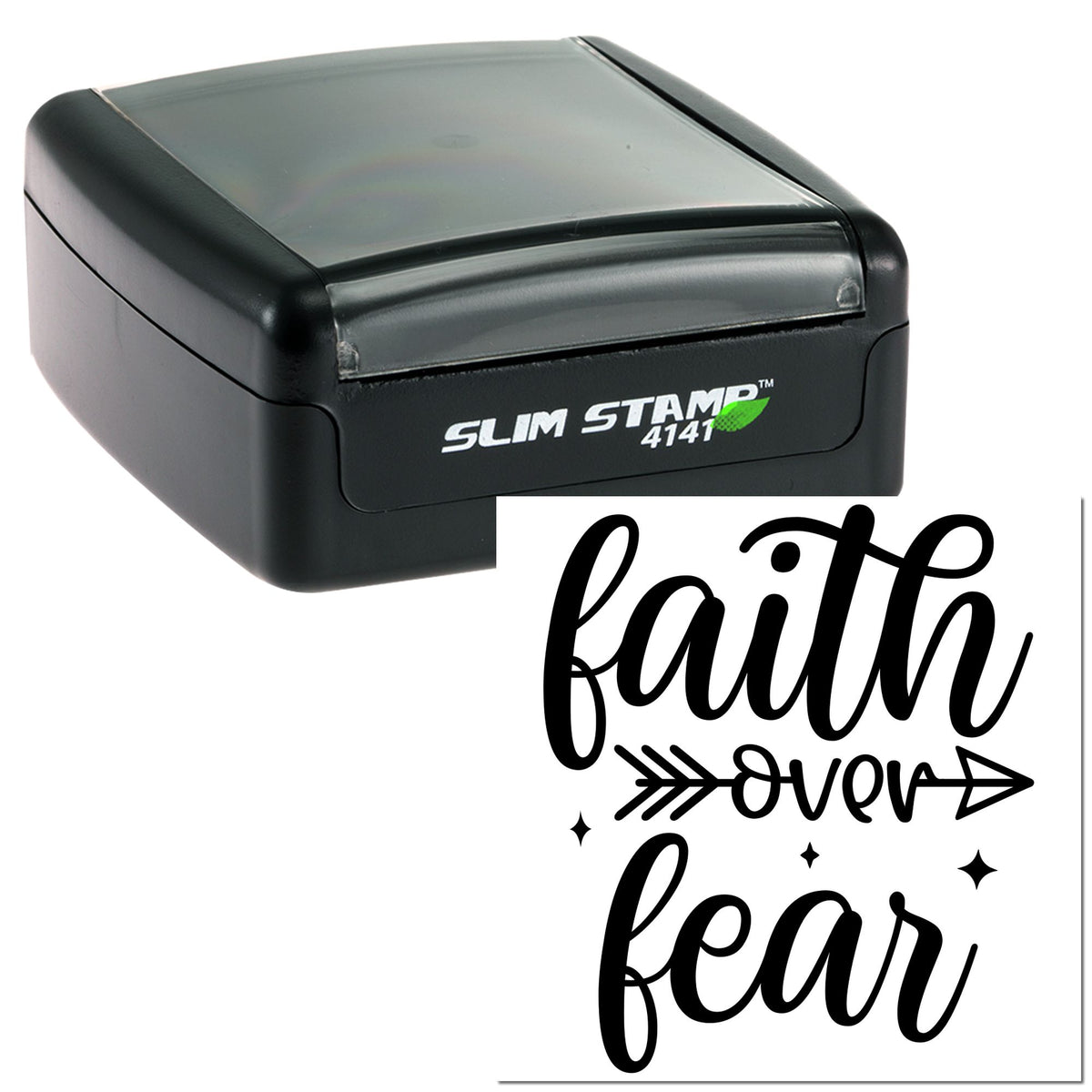 Trodat Slim Faith Over Fear craft stamp with pre-inked typography design on black background.