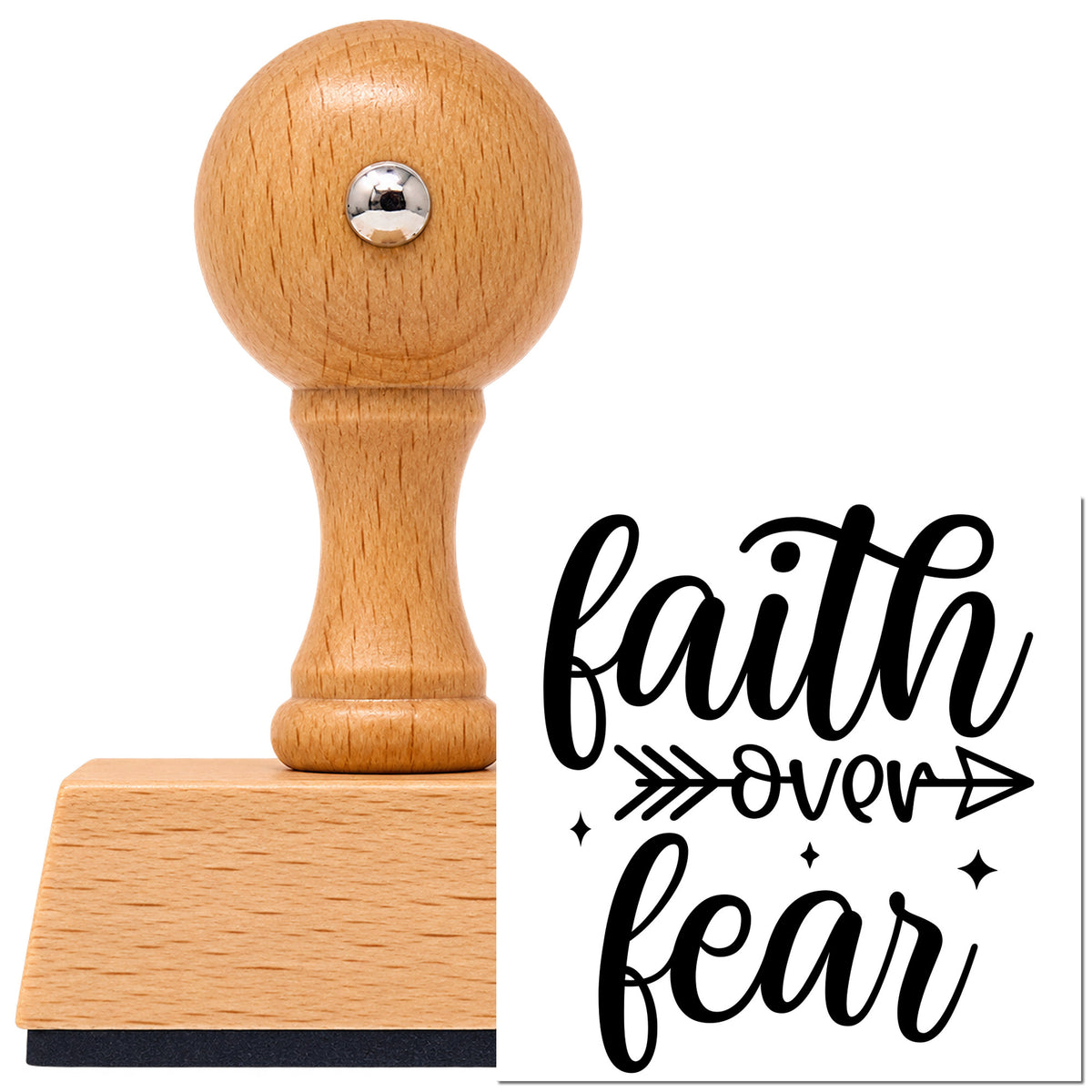Vintage Pro beech wood stamp with a round knob handle, shown with its black Faith Over Fear Arrow With Sparkles imprint on white.