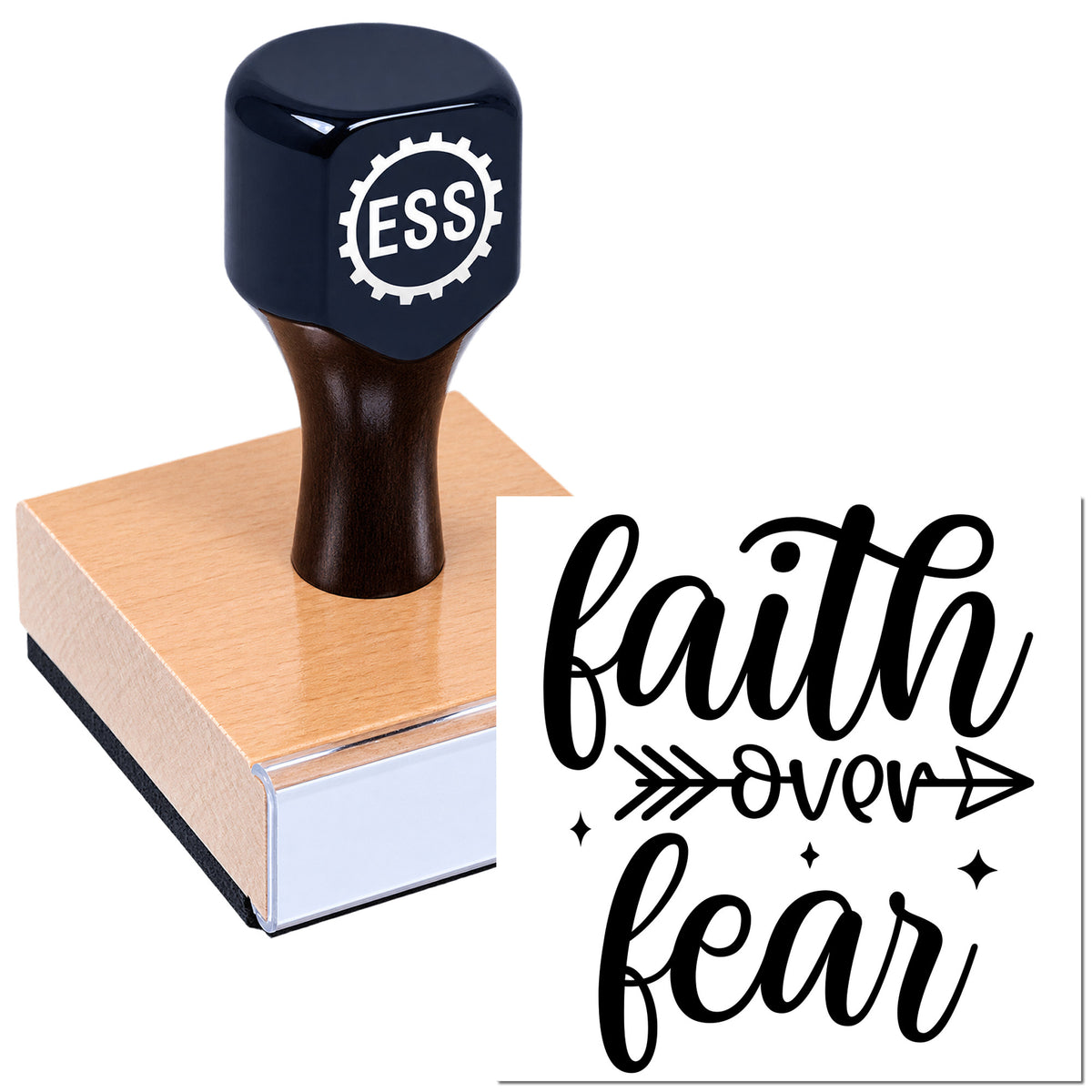 Dark blue ESSI stamp and seal on peach wood block with black "faith over fear" script design