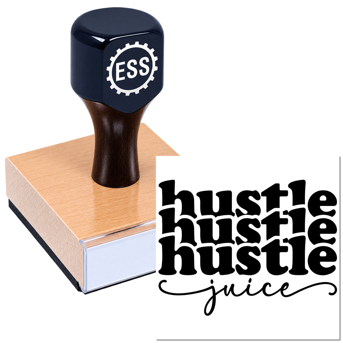 Black ESS gear stamp on a pink sealing wax block with Hustle Hustle Juice branding.