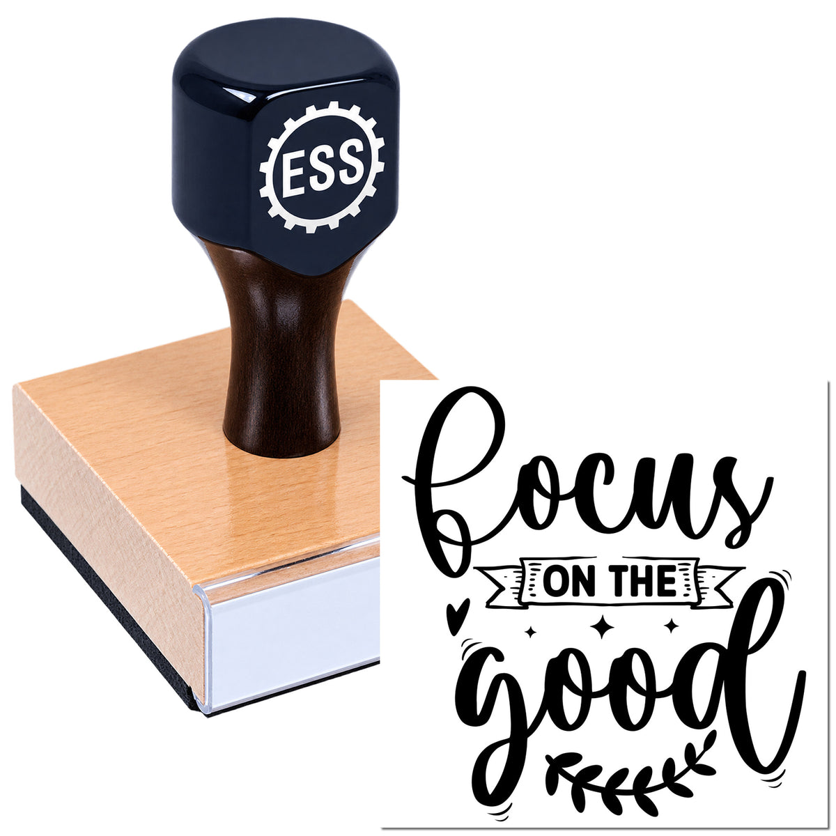 Dark blue rubber stamp and wooden seal block with black "focus on the good" design.
