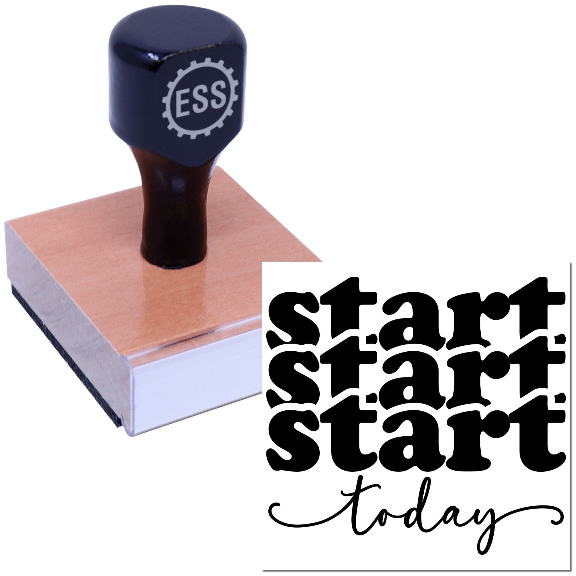 Black ESS rubber stamp and seal on a pink pad beside bold start today text on white.
