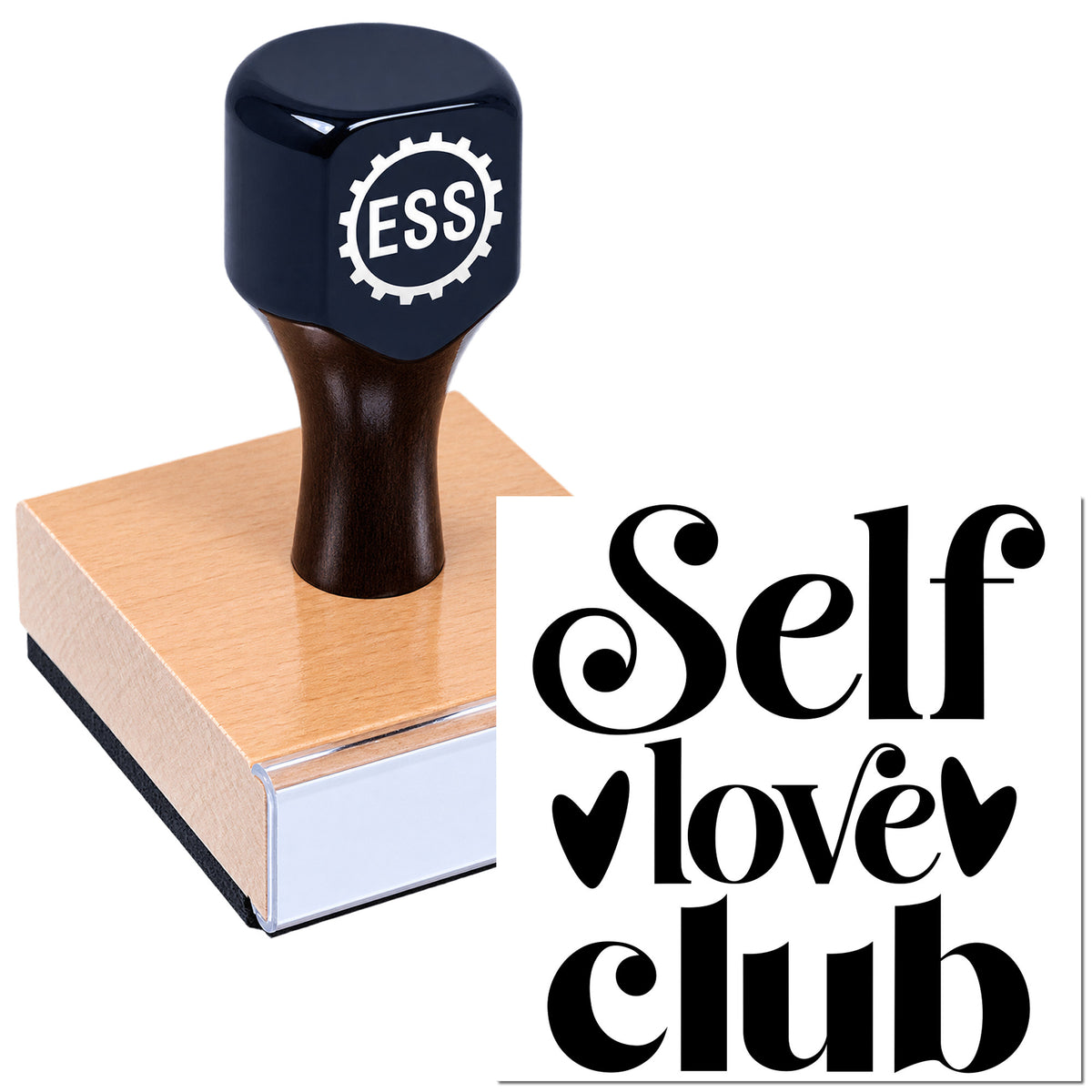 Dark blue ESS stamp and seal on a pink wooden block with black "Self love club" lettering