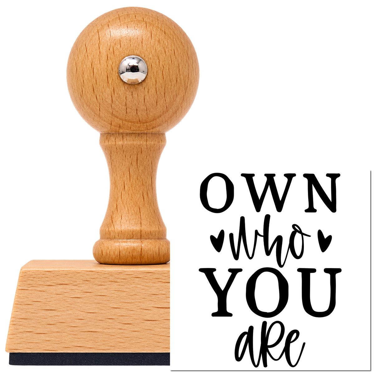 Vintage Pro beech wood stamp with a round knob handle, shown with its black Own Who You Are With Hearts imprint on white.
