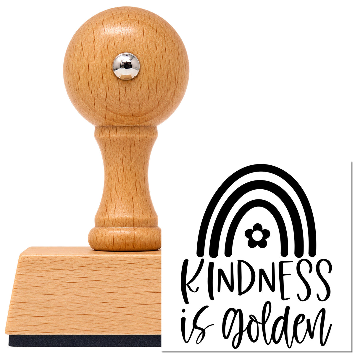 Vintage Pro beech wood stamp with a round knob handle, shown with its black Kindness Is Golden Rainbow imprint on white.