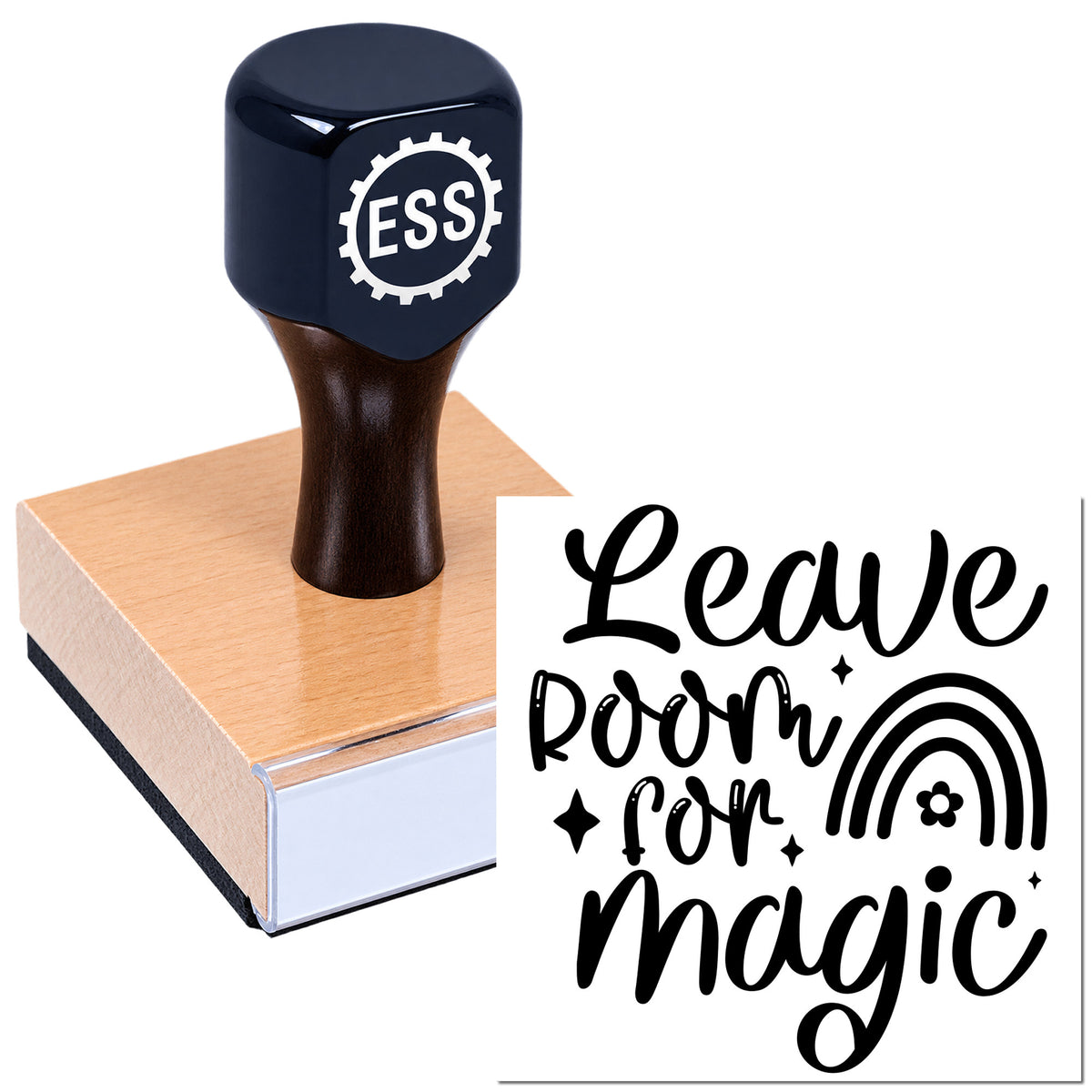 Dark navy seal stamp with ESSI logo on a pink wax-seal block, beside black "Leave room for magic" lettering and rainbow icon.
