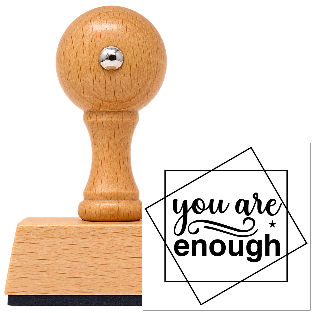 Vintage Pro beech wood stamp with a round knob handle, shown with its black You Are Enough Overlapping Squares imprint on white.