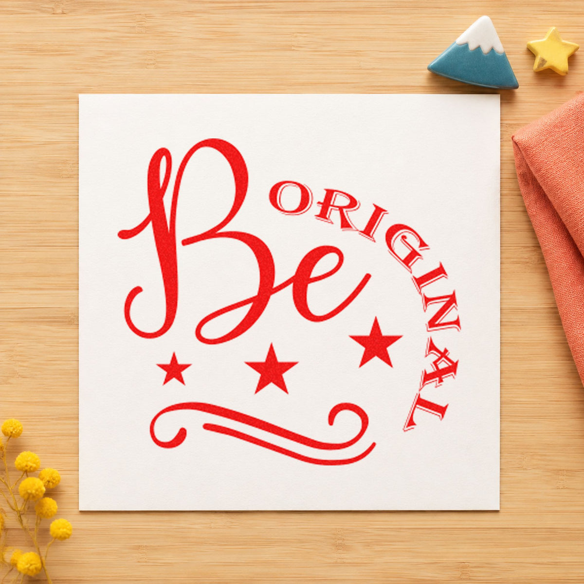Be Original Stars Flourish rubber stamp shown in red ink, stamped for projects such as drawer paint labels.