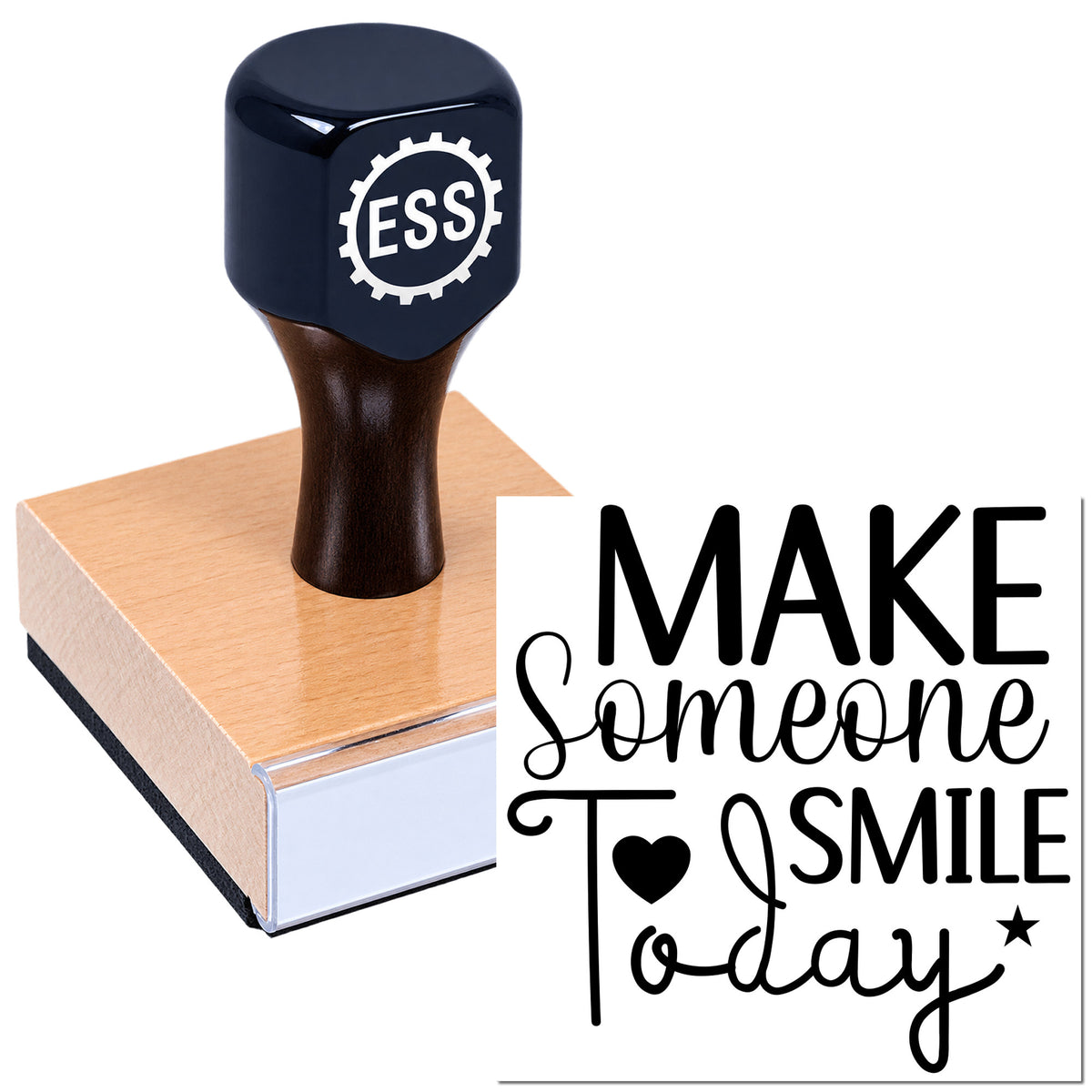 Dark navy ESS self-inking stamp and copper seal block beside black "Make Someone Smile Today" design.