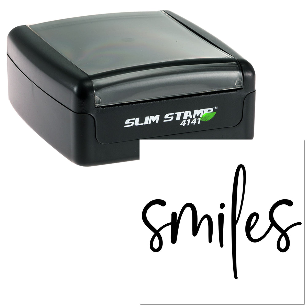 Black Slim Stamp 4141 self-inking stamp and seal with translucent gray lid beside a white card reading Smiles.