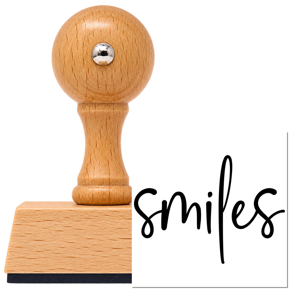 Vintage Pro beech wood stamp with a round knob handle, shown with its black Smiles Simple Brush Script imprint on white.
