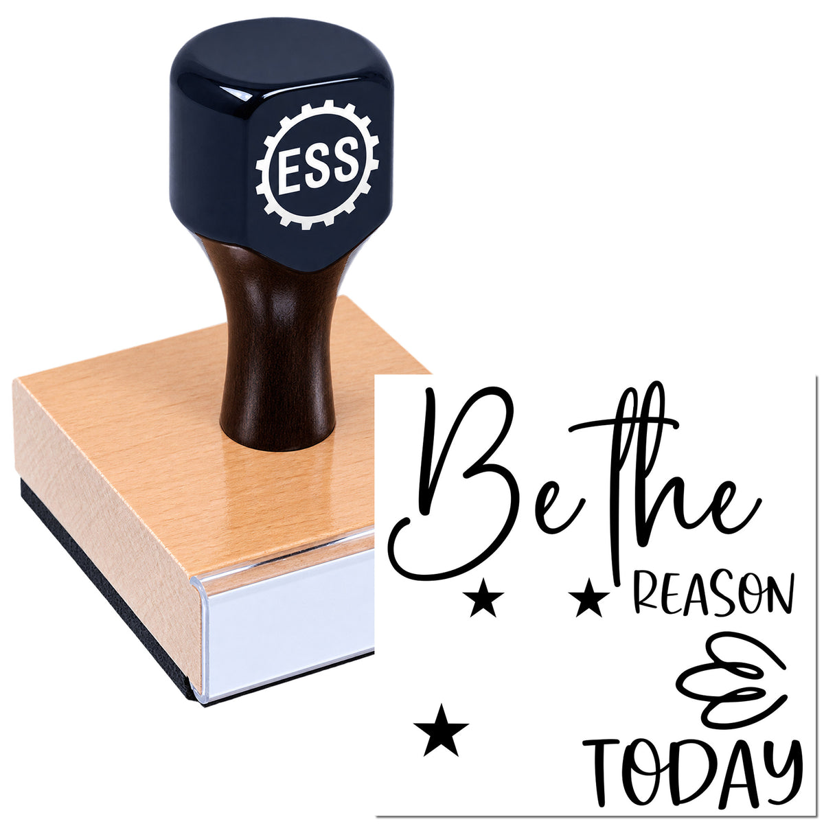 Dark navy custom stamp and seal with ESSI logo on a pink wooden block, beside a "Be the reason" script design.