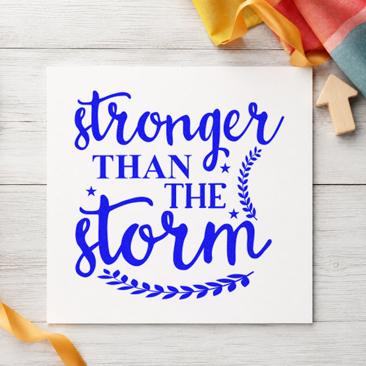 Stronger Than The Storm Leaves craft stamp imprinted in blue ink on paper, a design suited to framed potting shed.