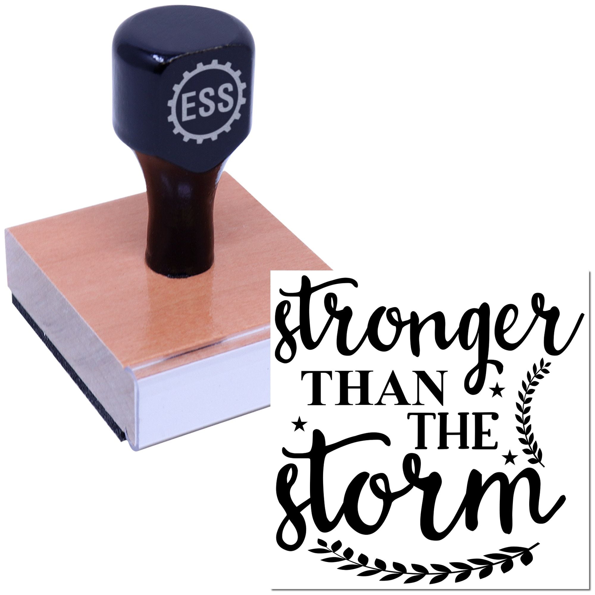 Black ESS stamp pressing a pink seal block beside a Stronger Than the Storm decorative seal design.