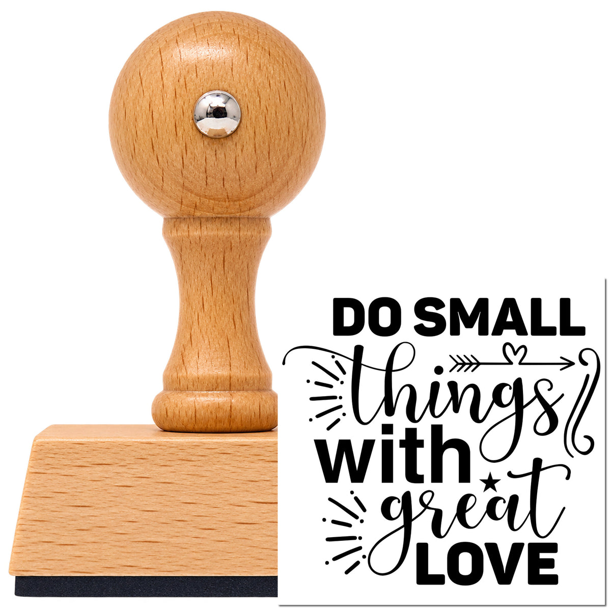 Vintage Pro beech wood stamp with a round knob handle, shown with its black Do Small Things With Great Love imprint on white.