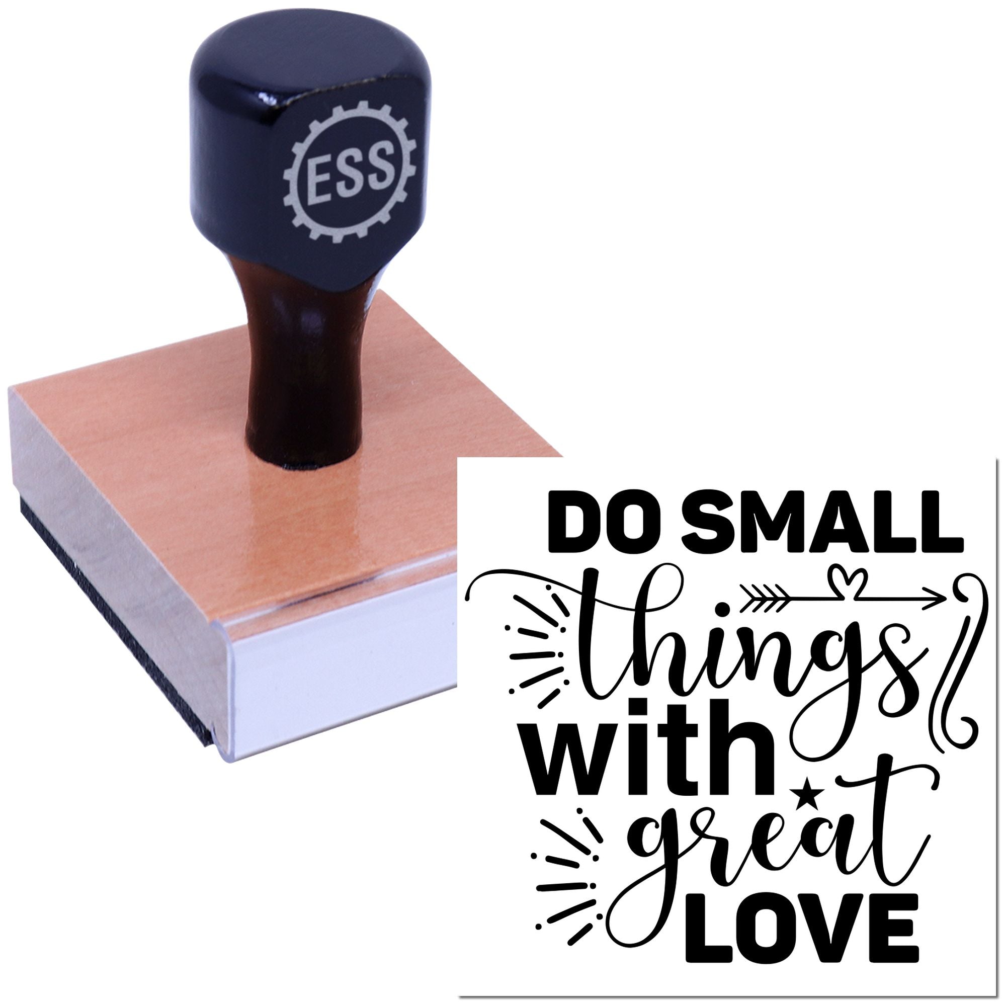 Black ESS rubber stamp on pink wood-mounted seal block with Do small things with great love design