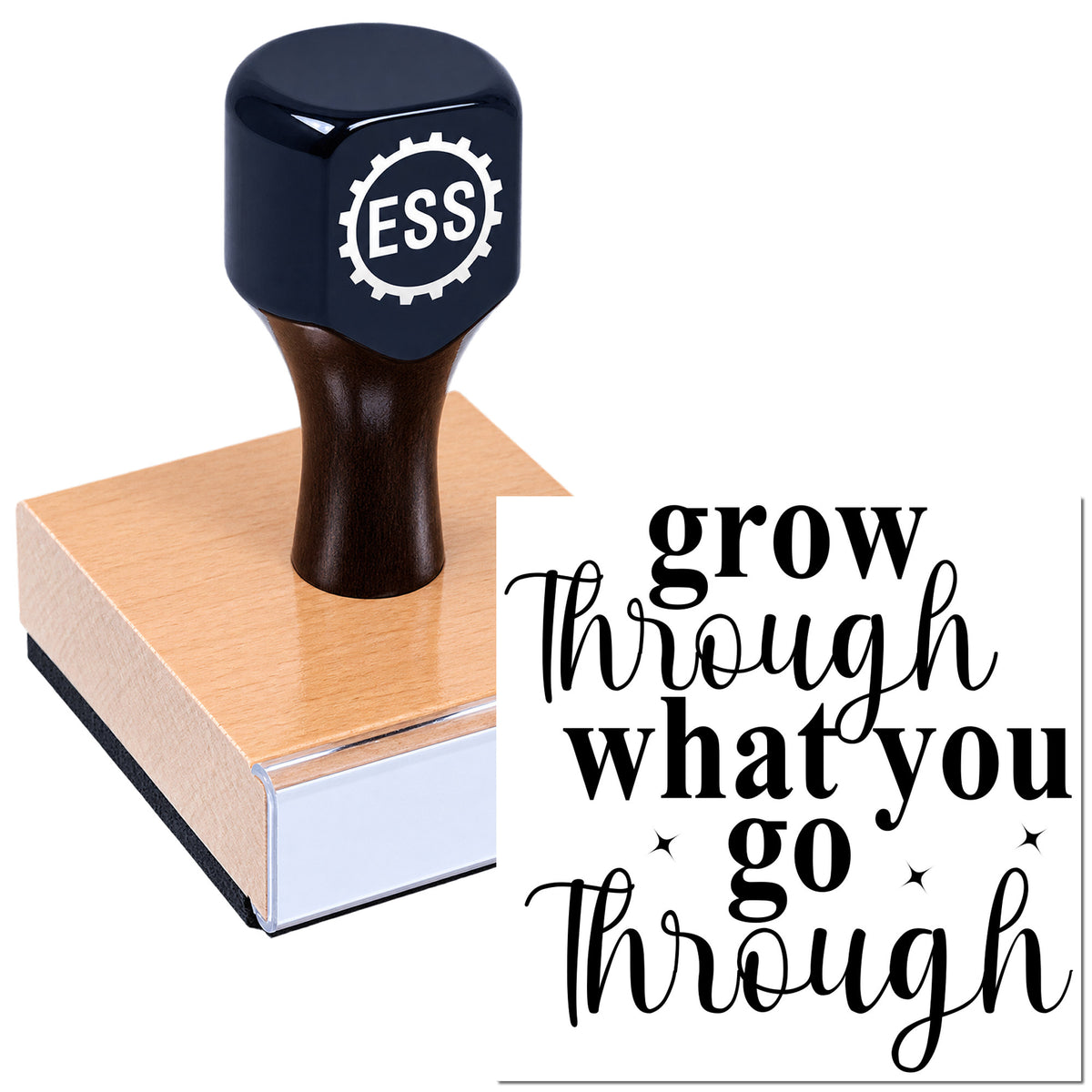 Dark blue ESSI rubber stamp on a pink square seal block, with white and black "grow through what you go through" text design.