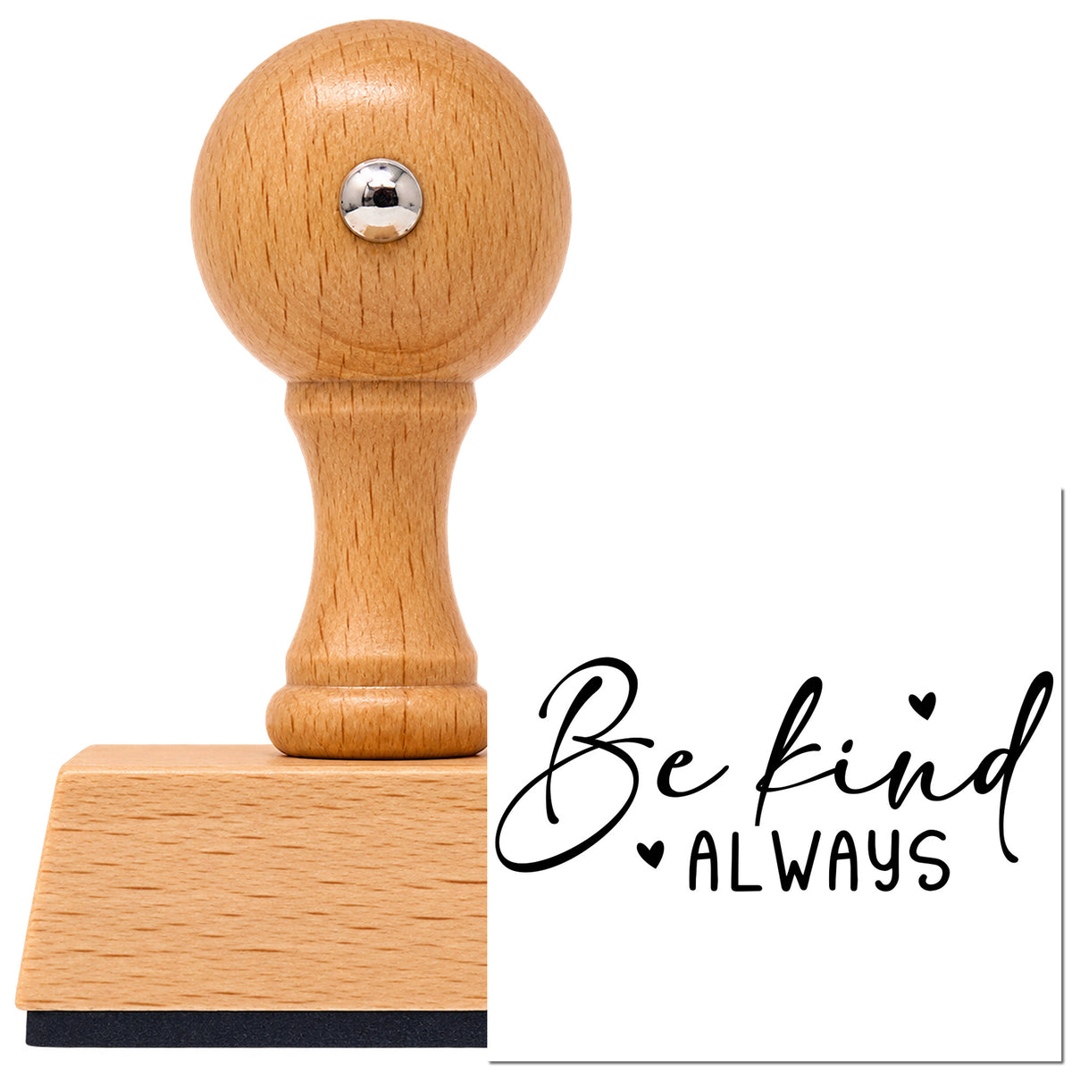 Vintage Pro beech wood stamp with a round knob handle, shown with its black Be Kind Always Heart imprint on white.