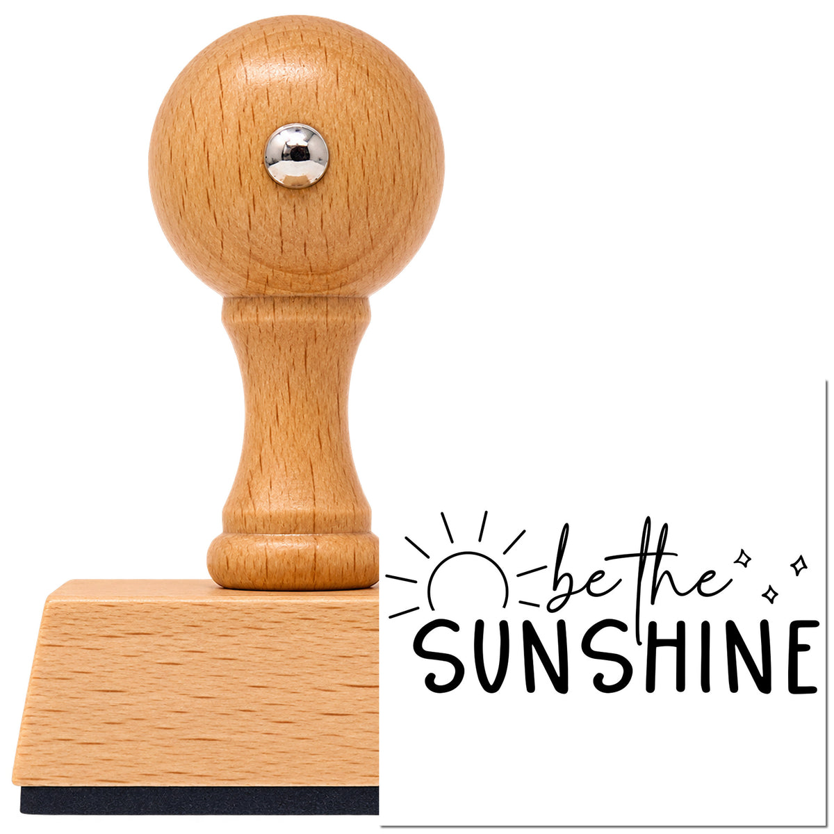 Vintage Pro beech wood stamp with a round knob handle, shown with its black Be The Sunshine Sunrise With Sparkles imprint on white.