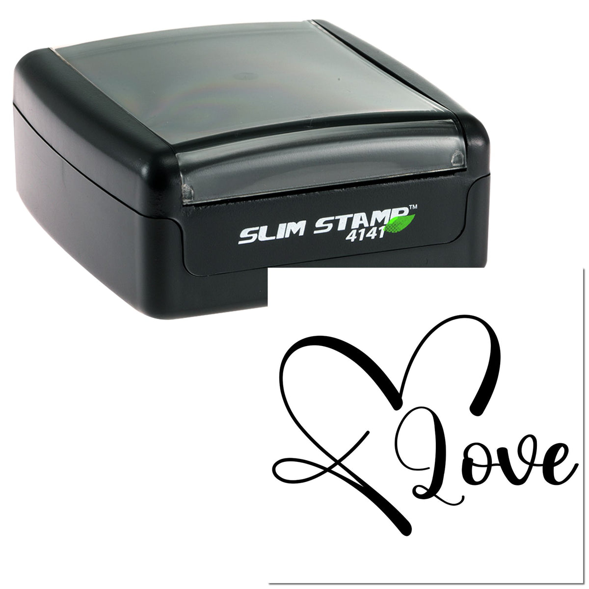 Black self-inking slim stamp and seal with clear cap, printing a white Love heart design.