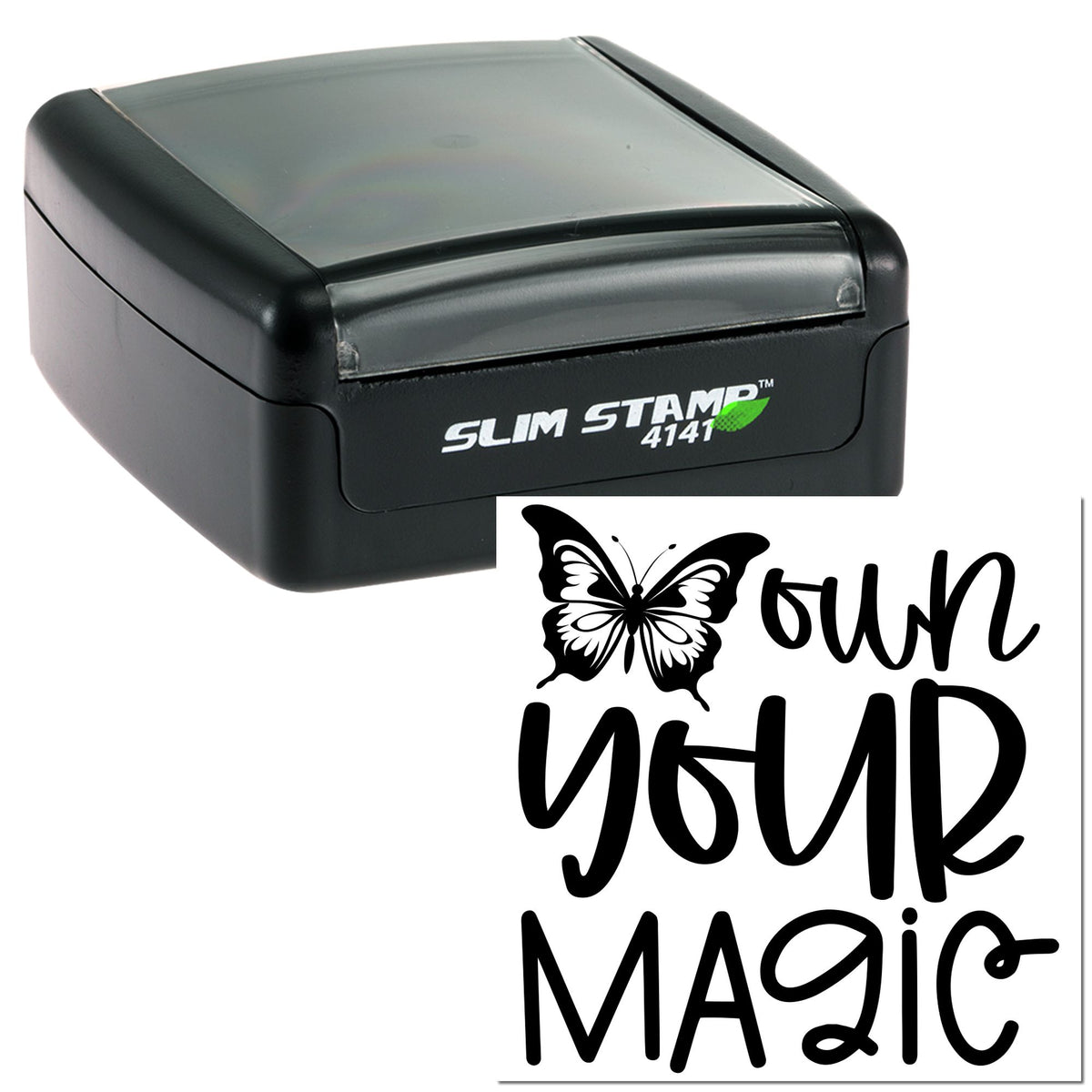 Black slim stamp 4141 and custom seal with butterfly and Own Your Magic text in bold black on white.