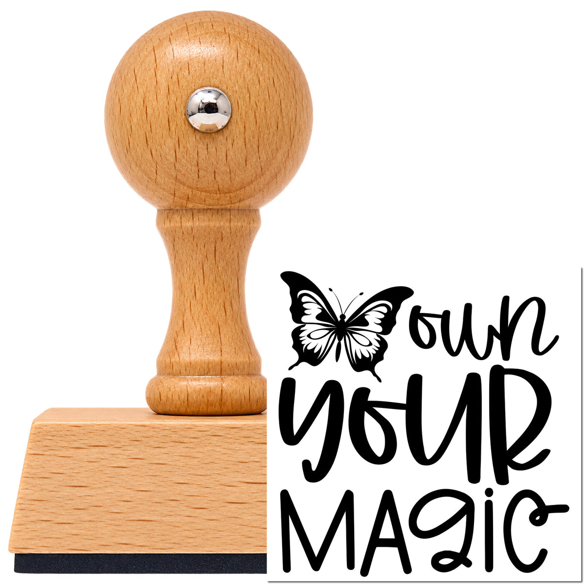 Vintage Pro beech wood stamp with a round knob handle, shown with its black Own Your Magic Butterfly imprint on white.