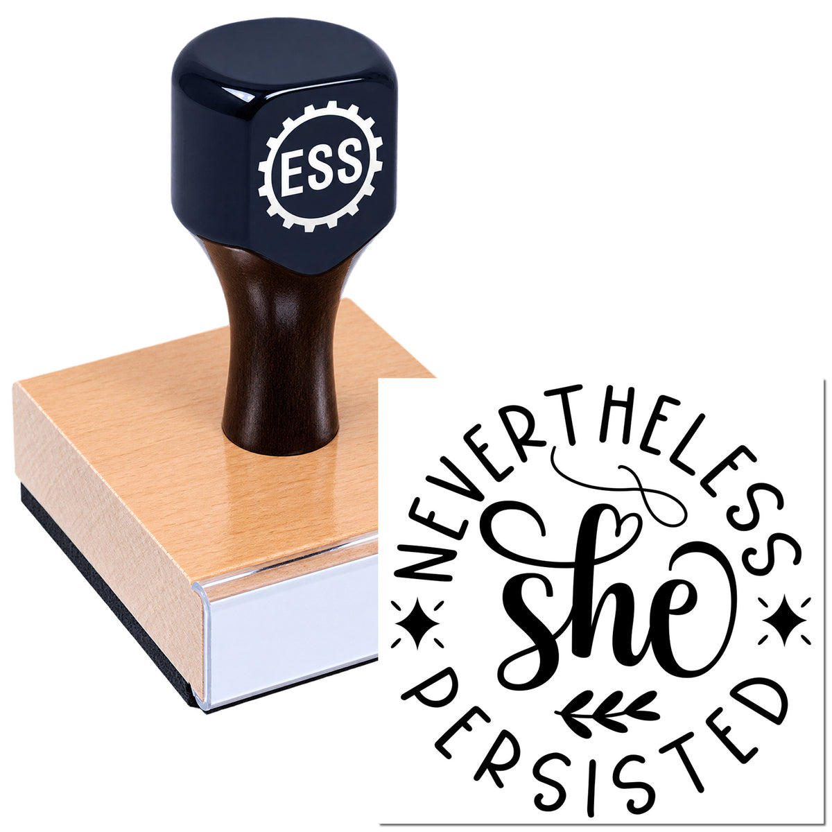 Dark navy ESS rubber stamp on a pink seal block with black "Nevertheless She Persisted" decorative seal.