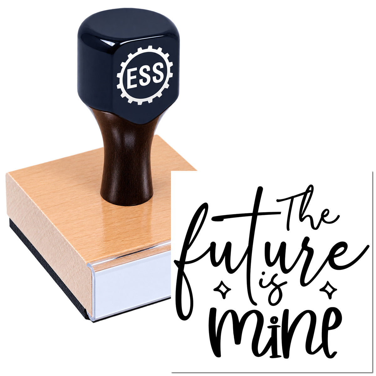 Black ESS stamp and seal on a pink block, with "The future is mine" hand-lettered graphic.