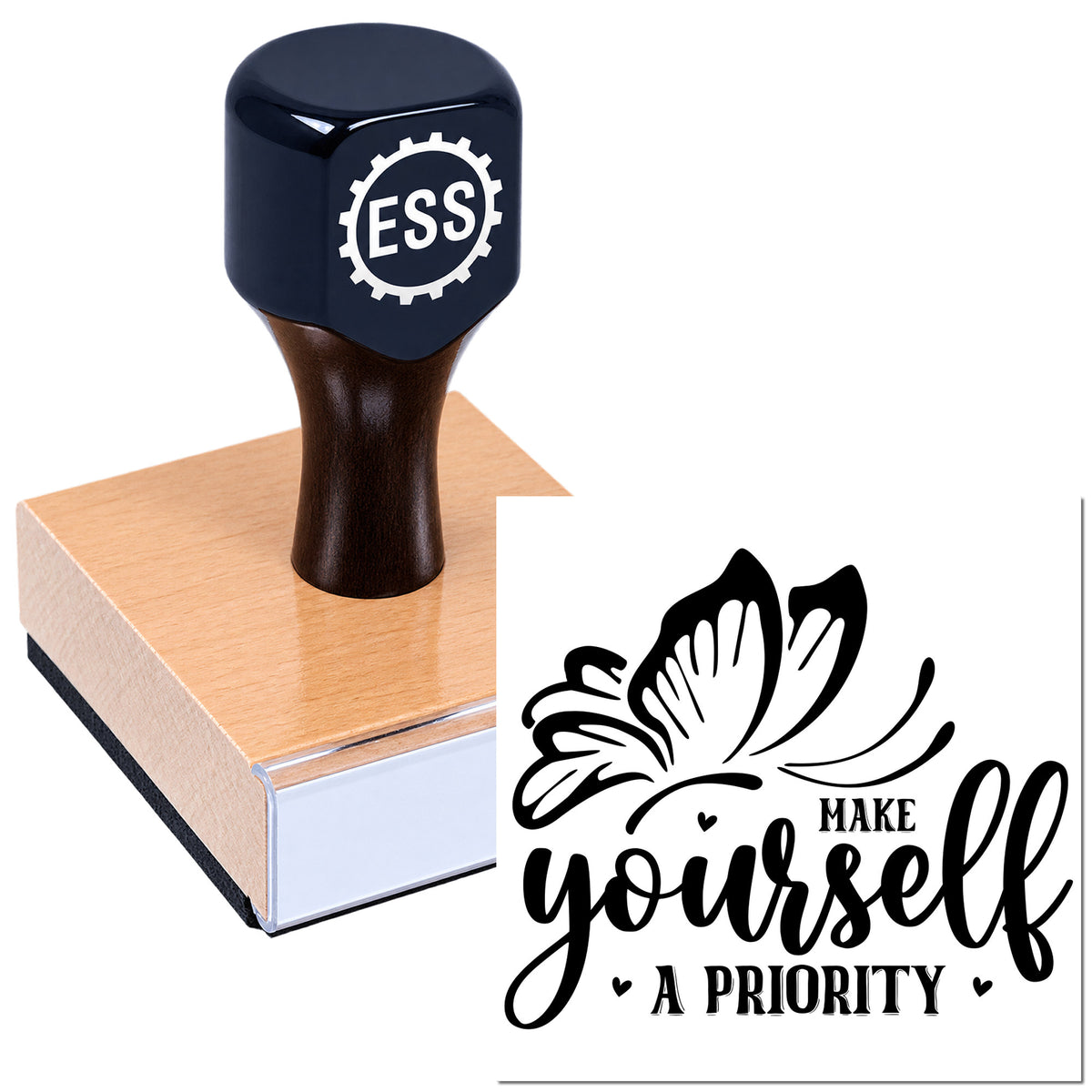 Black ESS self-inking stamp on wooden block with butterfly seal design and "Make yourself a priority" text in black.