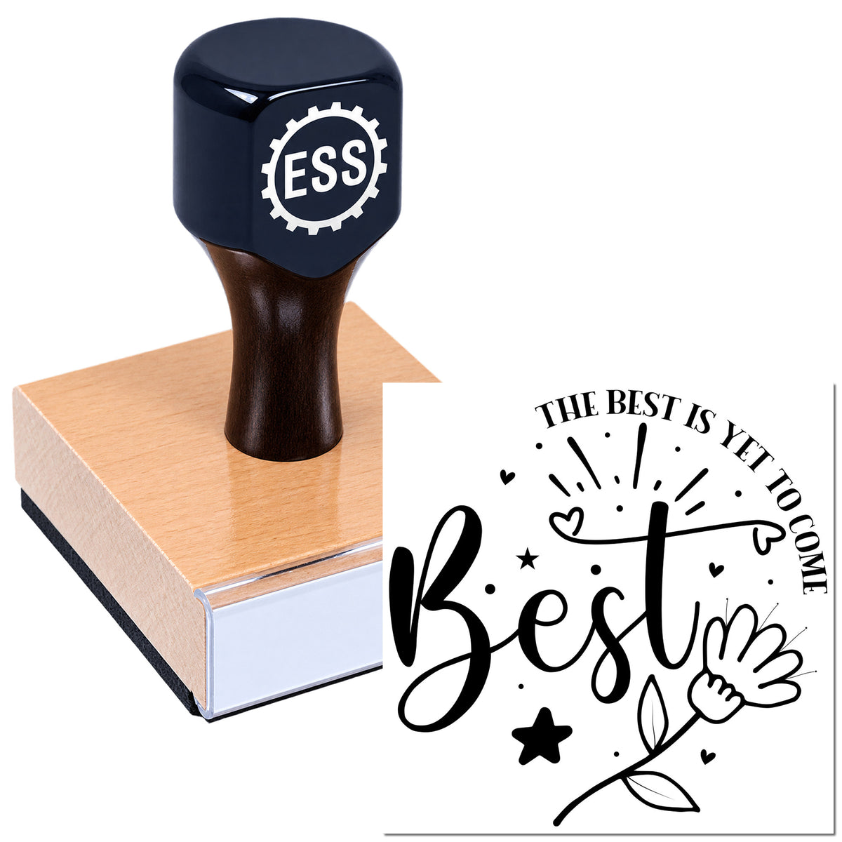 Black ESSI rubber stamp on pink wooden block with black decorative seal design reading "The best is yet to come."