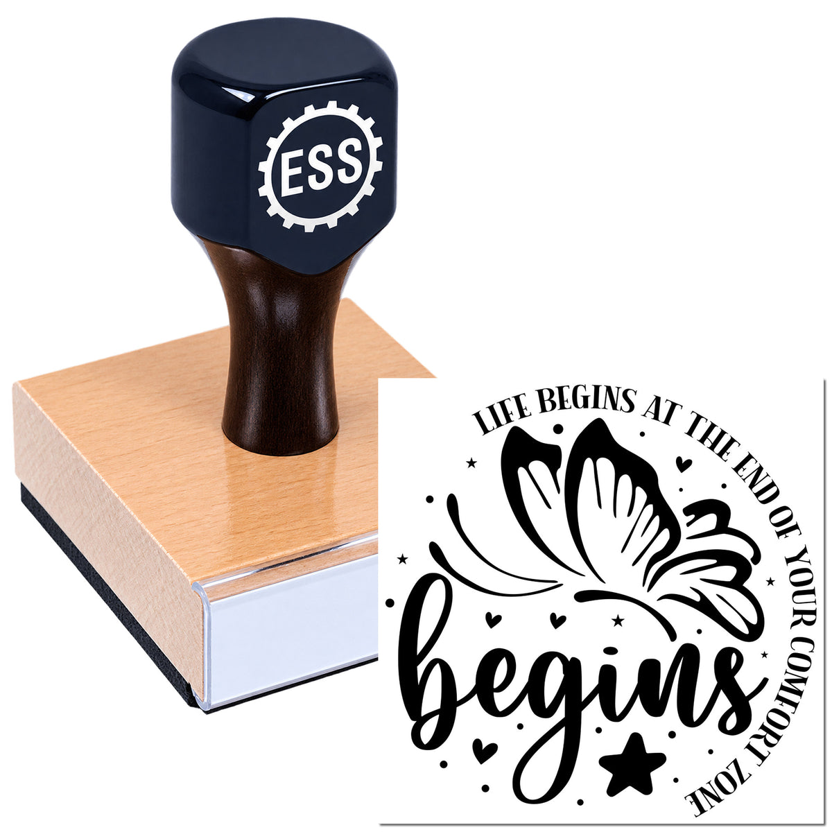 Black ESS rubber stamp on wooden block beside a butterfly seal design with "Life begins..." text in black.