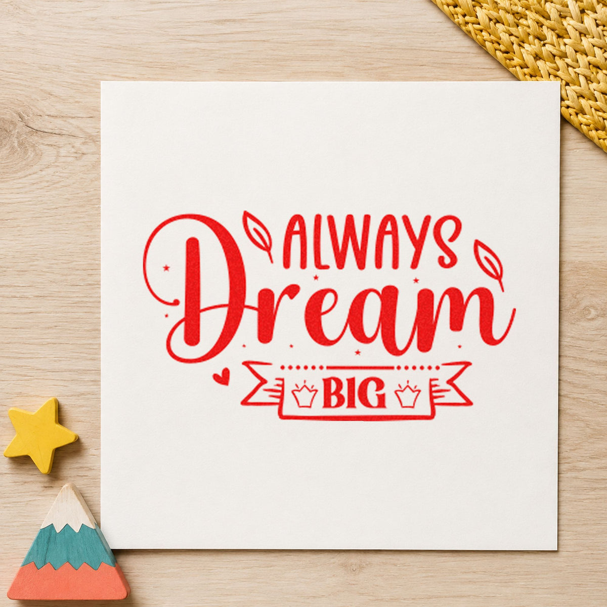Always Dream Big Crown craft stamp imprint in red ink on a handmade project, one idea being guest wish cards.