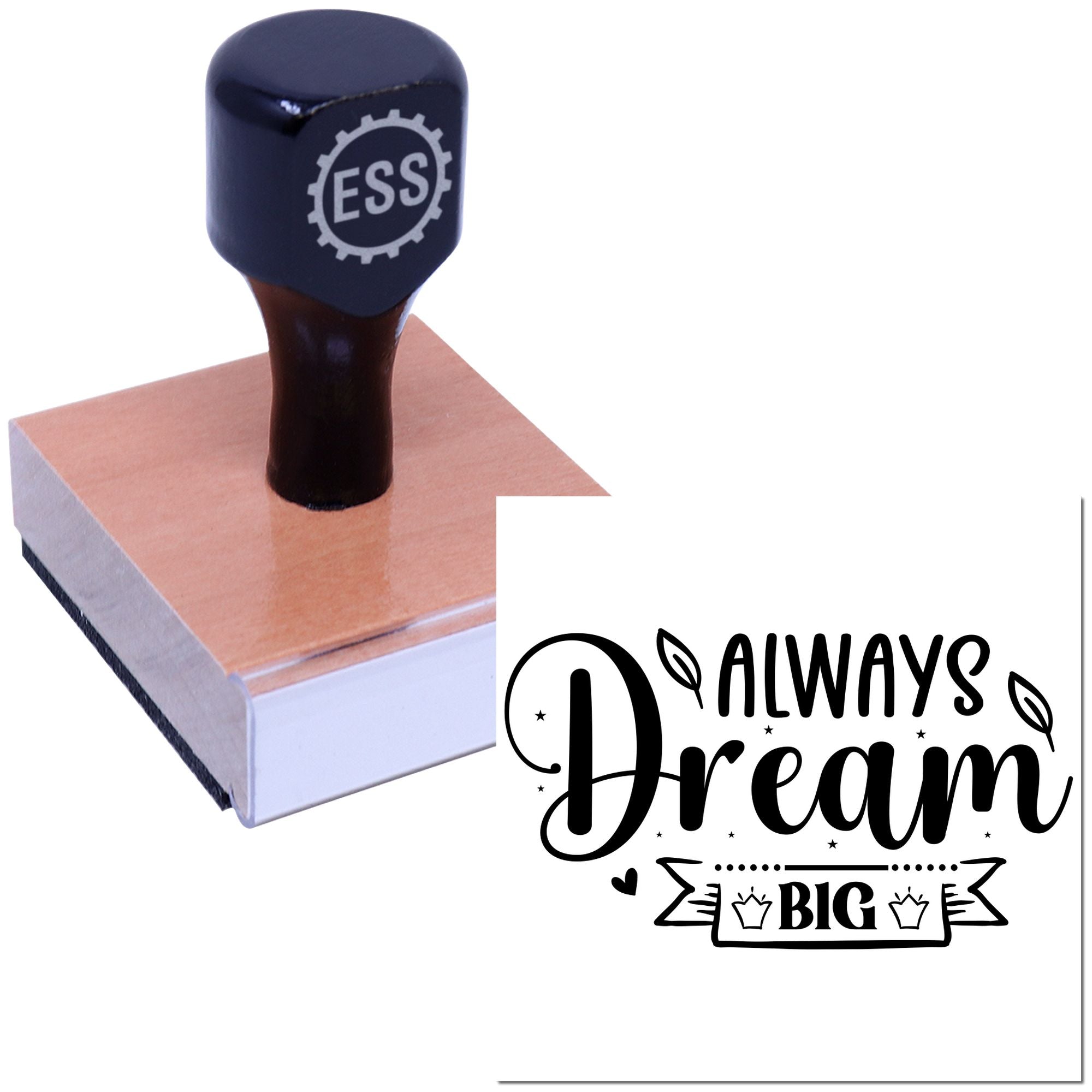 Navy ESS rubber stamp on copper wood block beside black Always Dream Big seal design.
