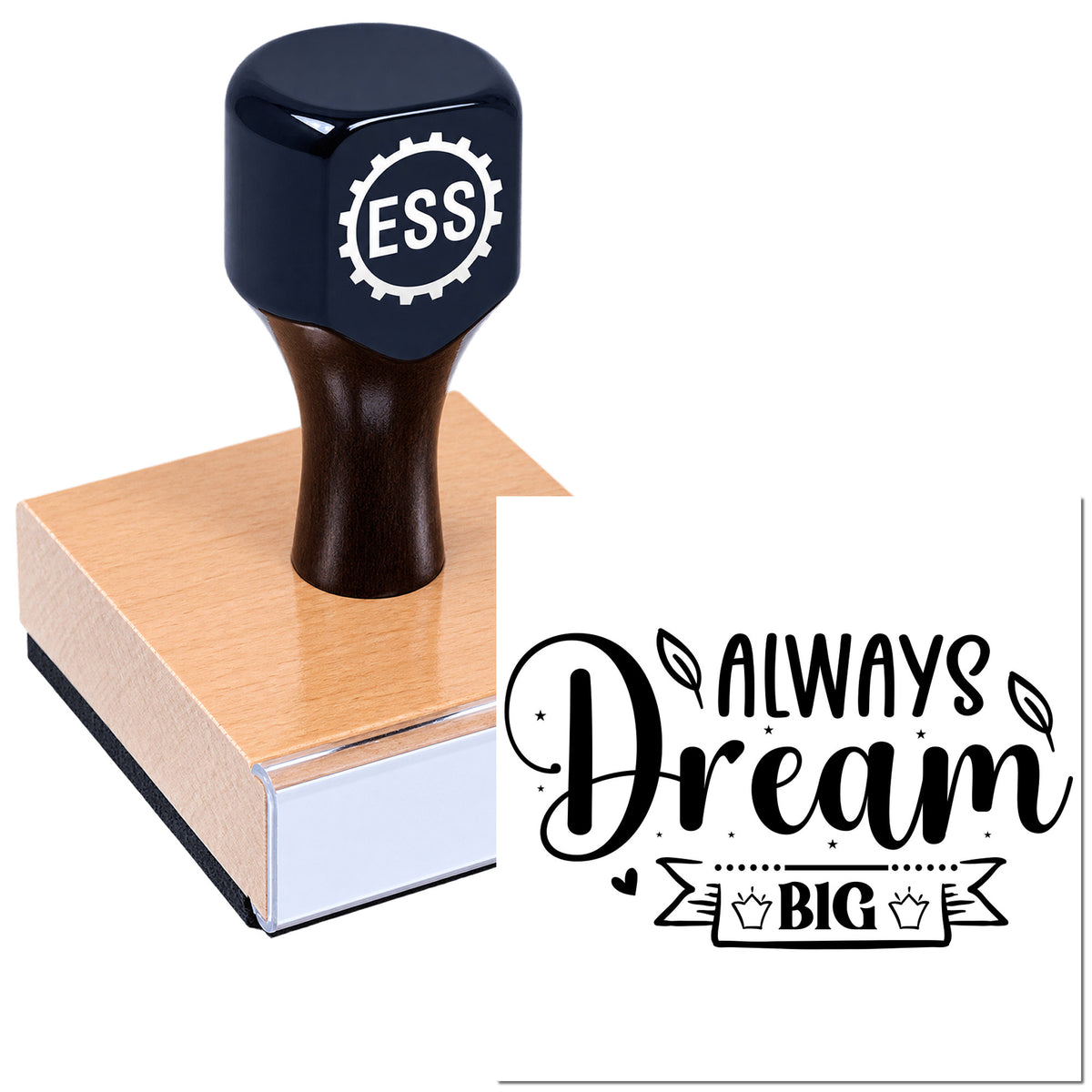 Navy ESS rubber stamp on copper wood block beside black "Always Dream Big" seal design.